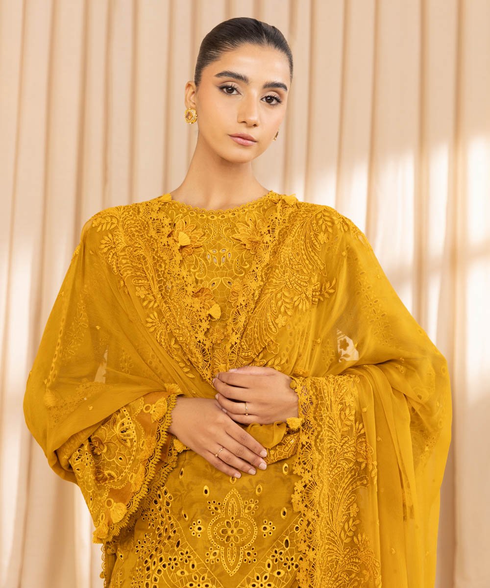 Women’s 3-piece Embroidered Mustard Cotton jacquard suit